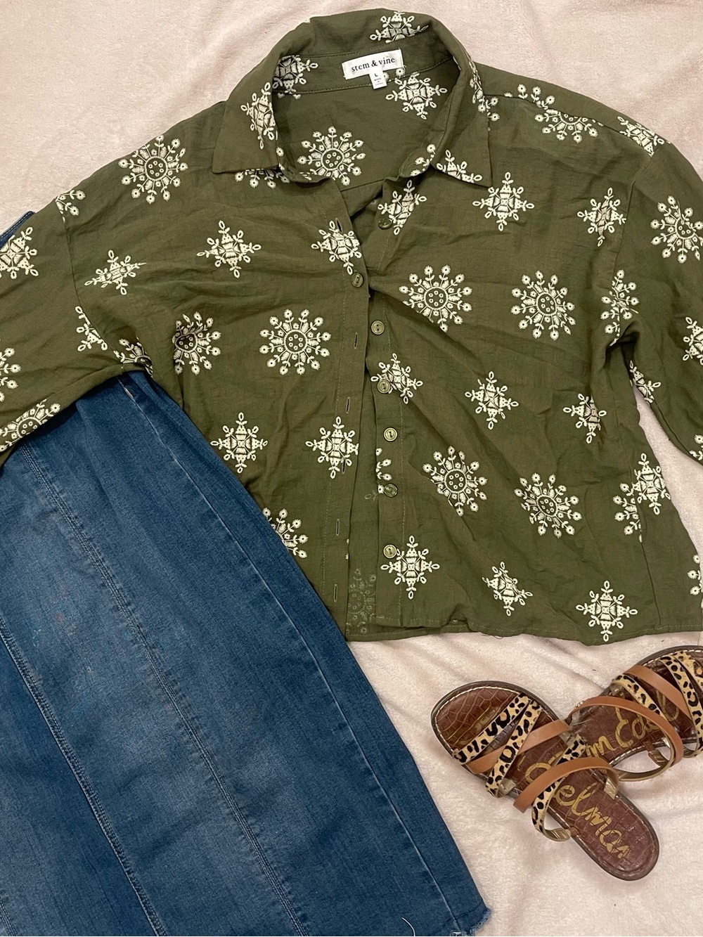 Sundry Olive Green Printed Button-Up Shirt with White Medallions